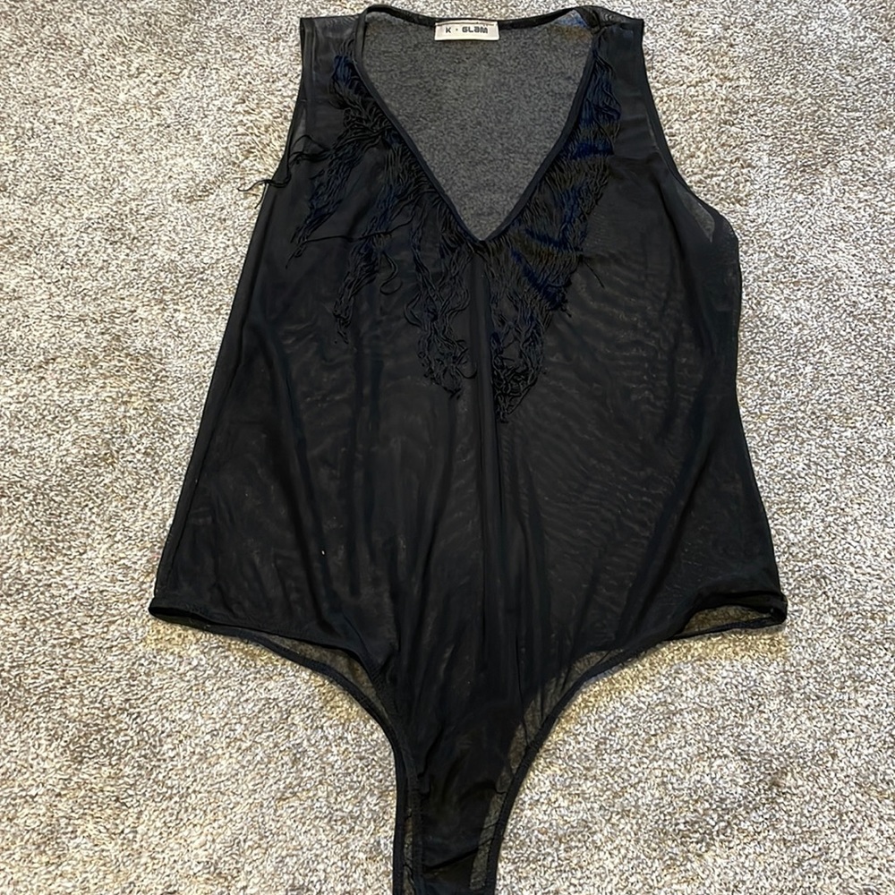 Mesh, fringe, black bodysuit